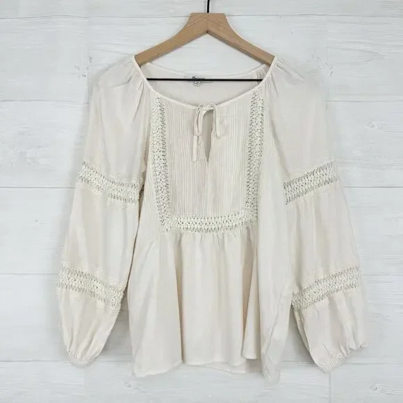 Madewell Peasant Top XS Ivory Linen-Blend Pintuck Boho Bubble Sleeves Babydoll - Picture 1 of 15